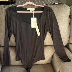 Saltwater LUXE Charcoal Ribbed Bodysuit Size M NWT